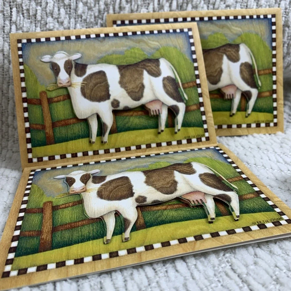 VTG 2003‎ BETH LOGAN Wooden Box With 3D Notecards Farm Cow Barn Rooster Daisies